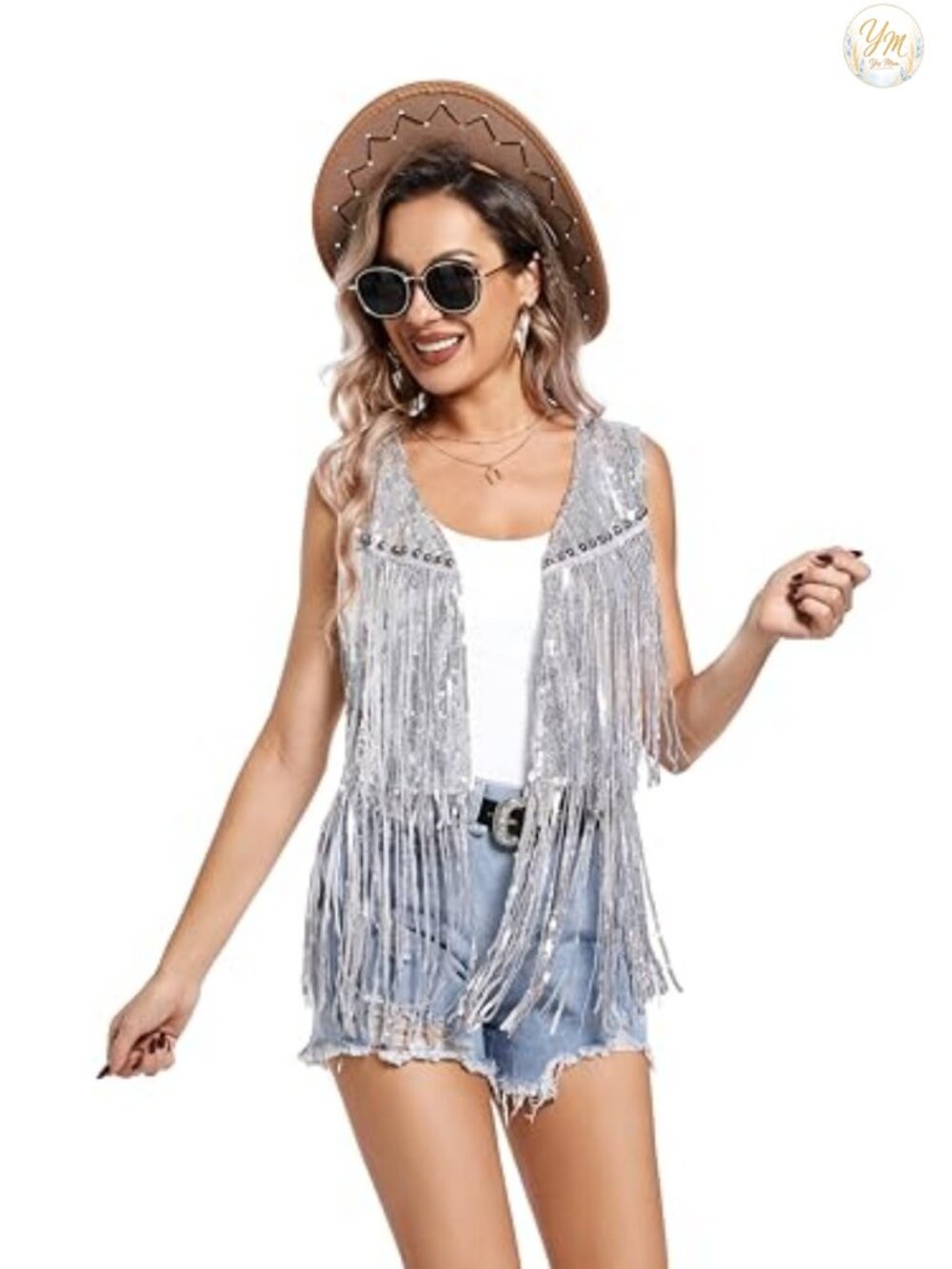 Sequin Fringe Vest with Rivets Open Front Sleeveless Western Festival
